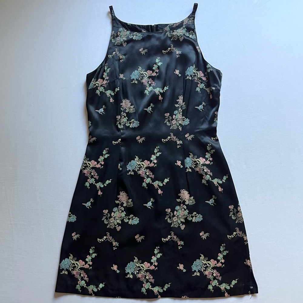 FINESSE black vintage y2k satin floral print‎ square neck sleeveless mini dress
